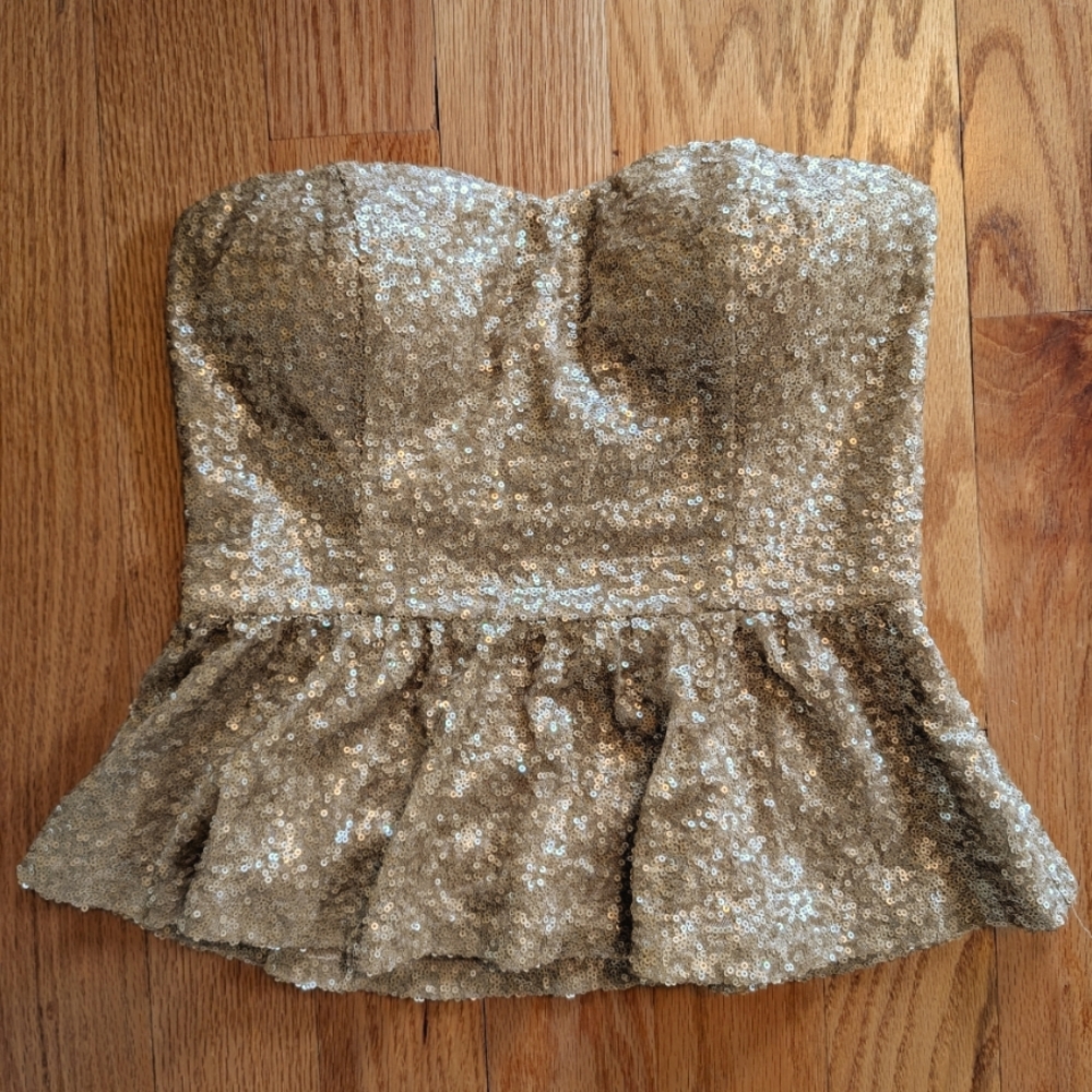 Gold Sequin Strapless Peplum Top